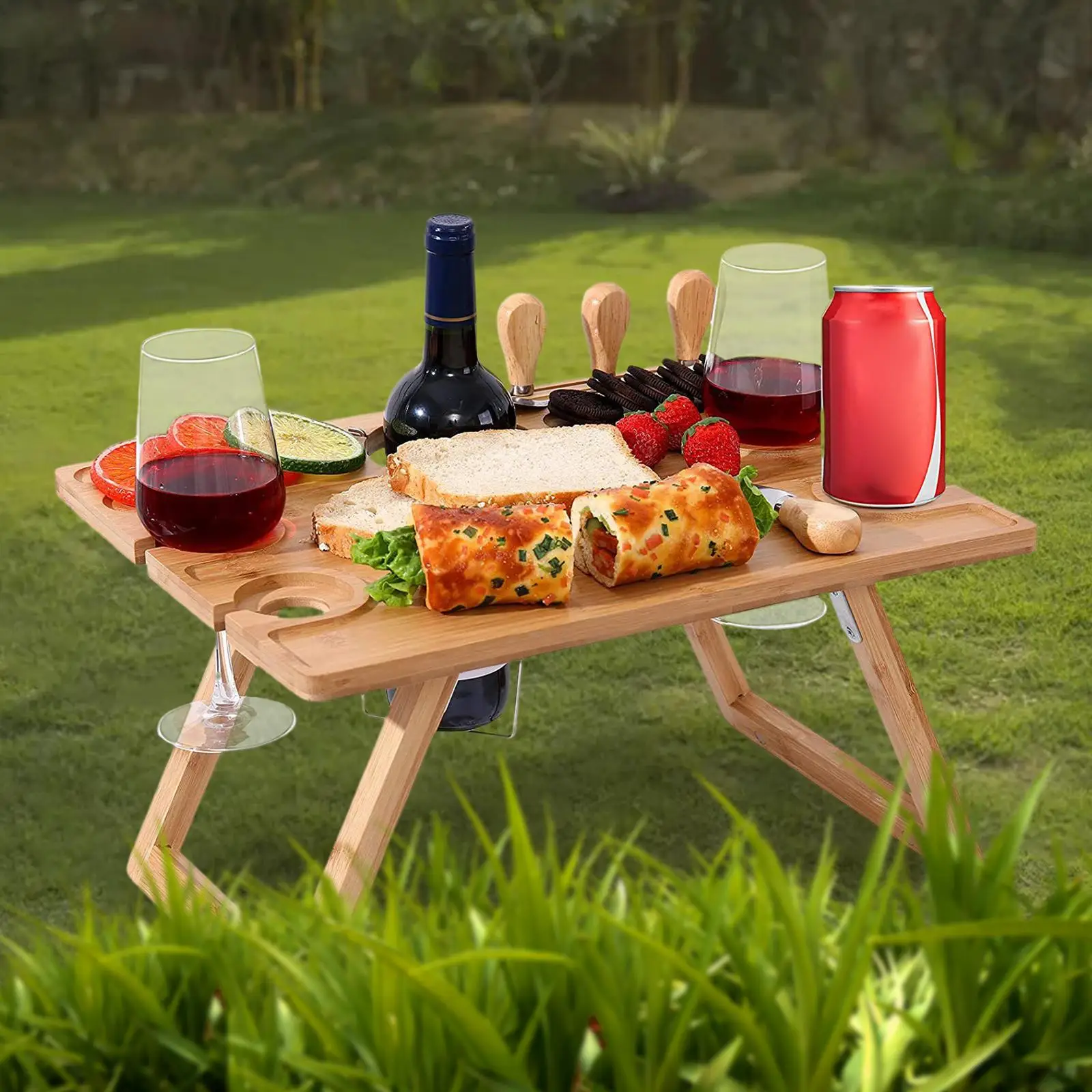 Folding Picnic Table Portable 2-in-1 Wine Table Wine Rack Holder Wine Glass Rack for Garden Party Camping Beach Outdoor Travel
