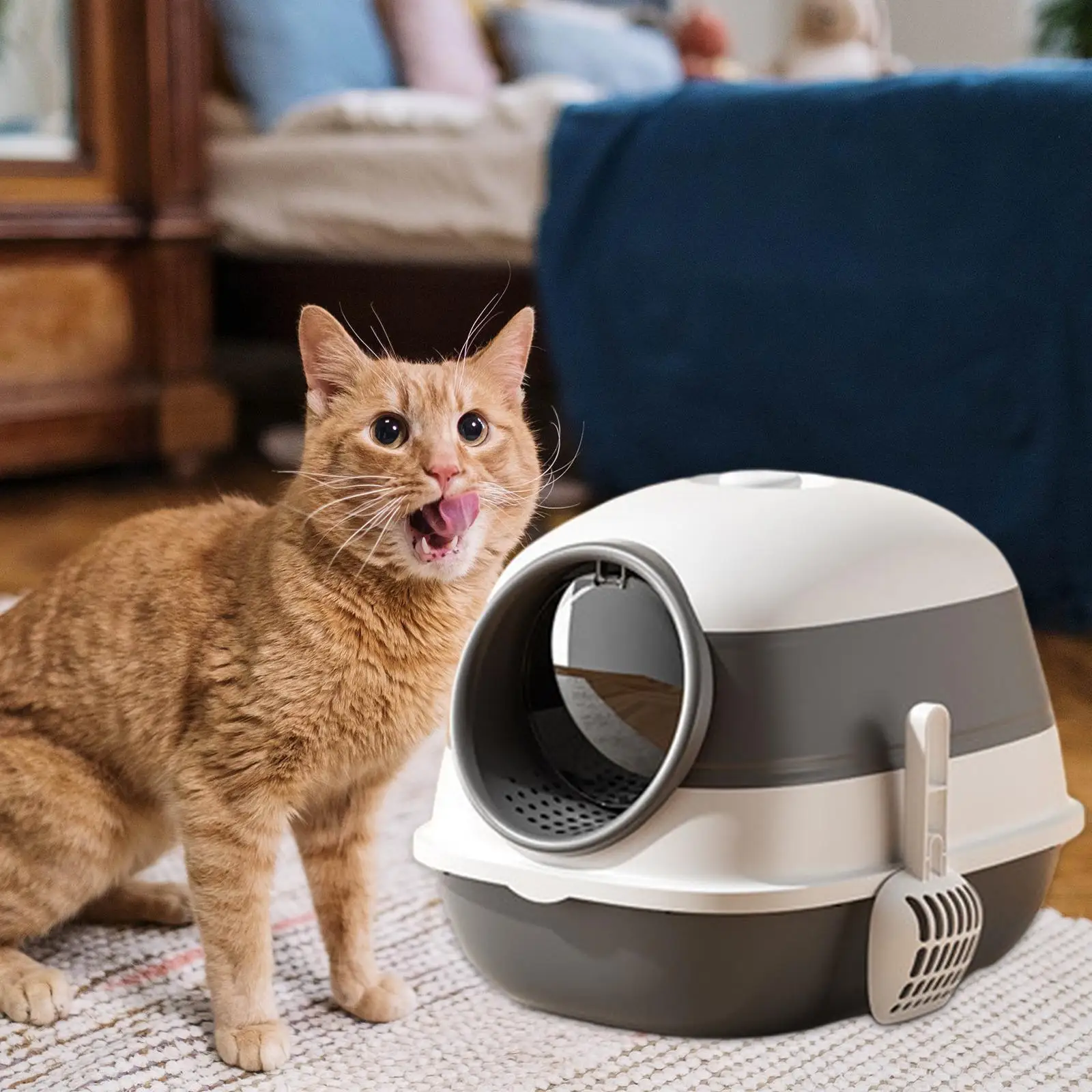 Hooded Cat Litter Box Indoor Cats Enclosed Cat Toilet Splashproof High Edge with Door Pedal Large Kitty Litter Tray for Puppy