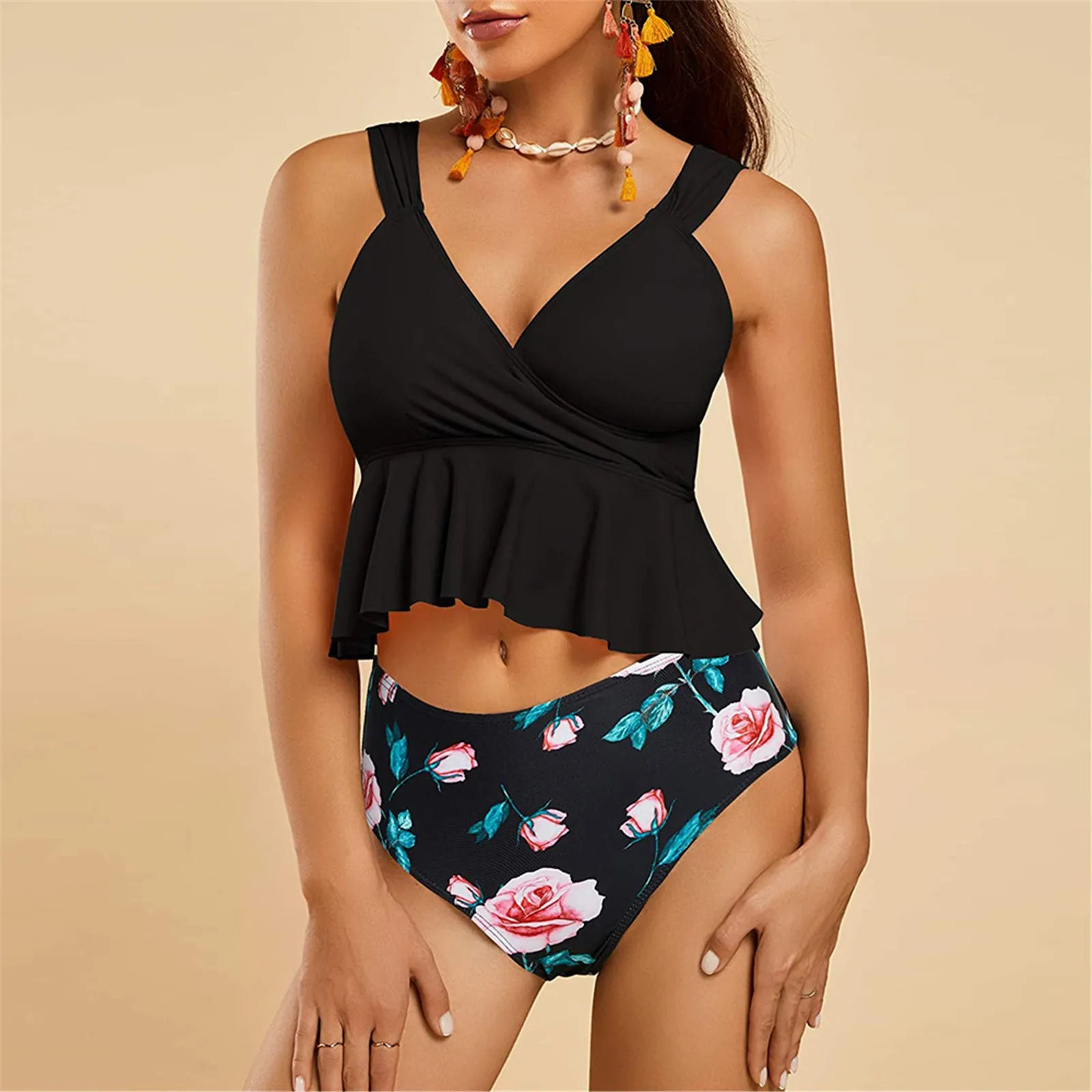 Women V-neck Split High Waist Bikini Ruffle Swimsuit Leaf Print Swimsuit Brazilian Summer Beach Bathing Suit Swim Wear 2pcs Sets cute swimsuits