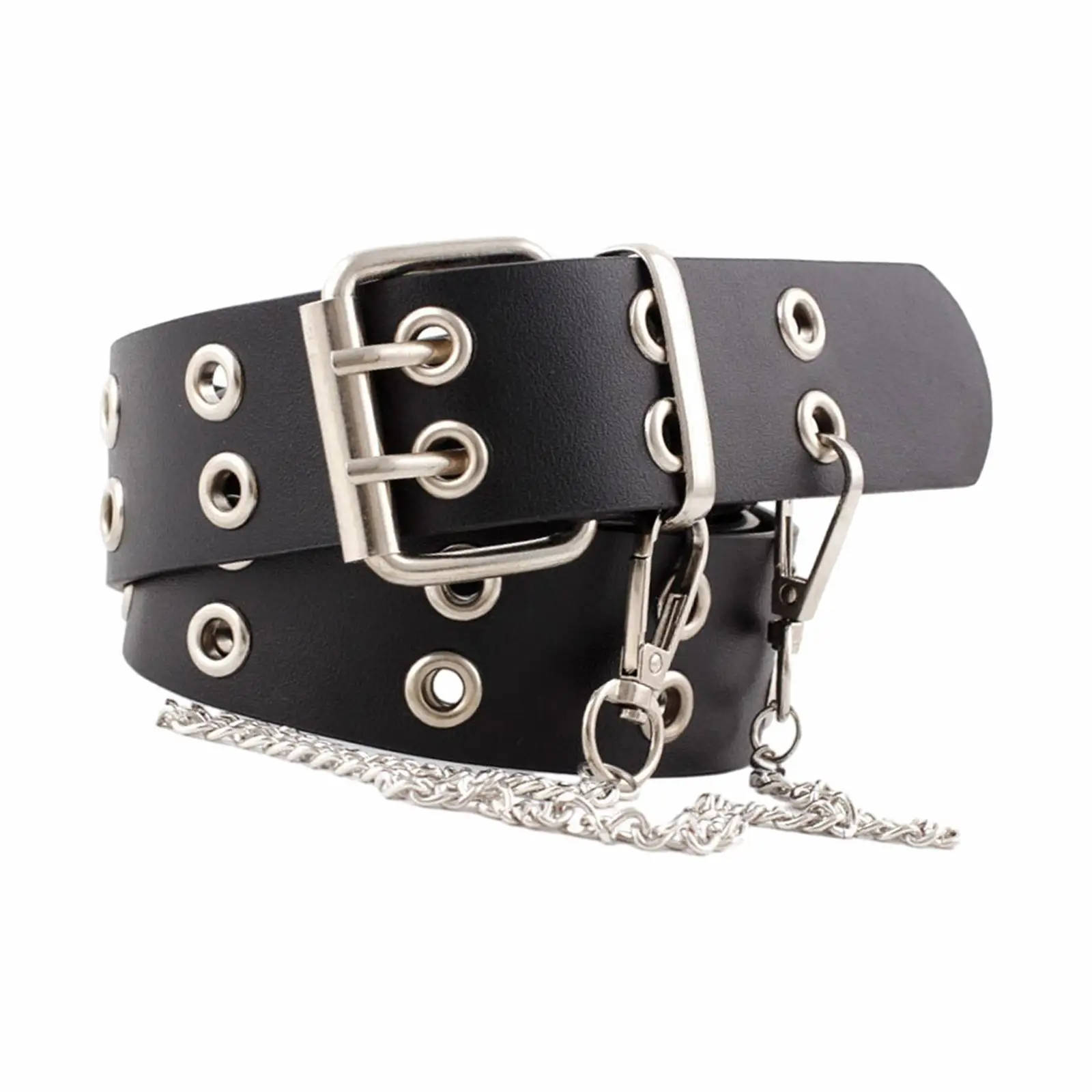 Double Grommet Belt with 2 Holes Rock Punk Adjustable PU Leather Eyelet with Chain Waistband for Club Jeans Cosplay Party Women