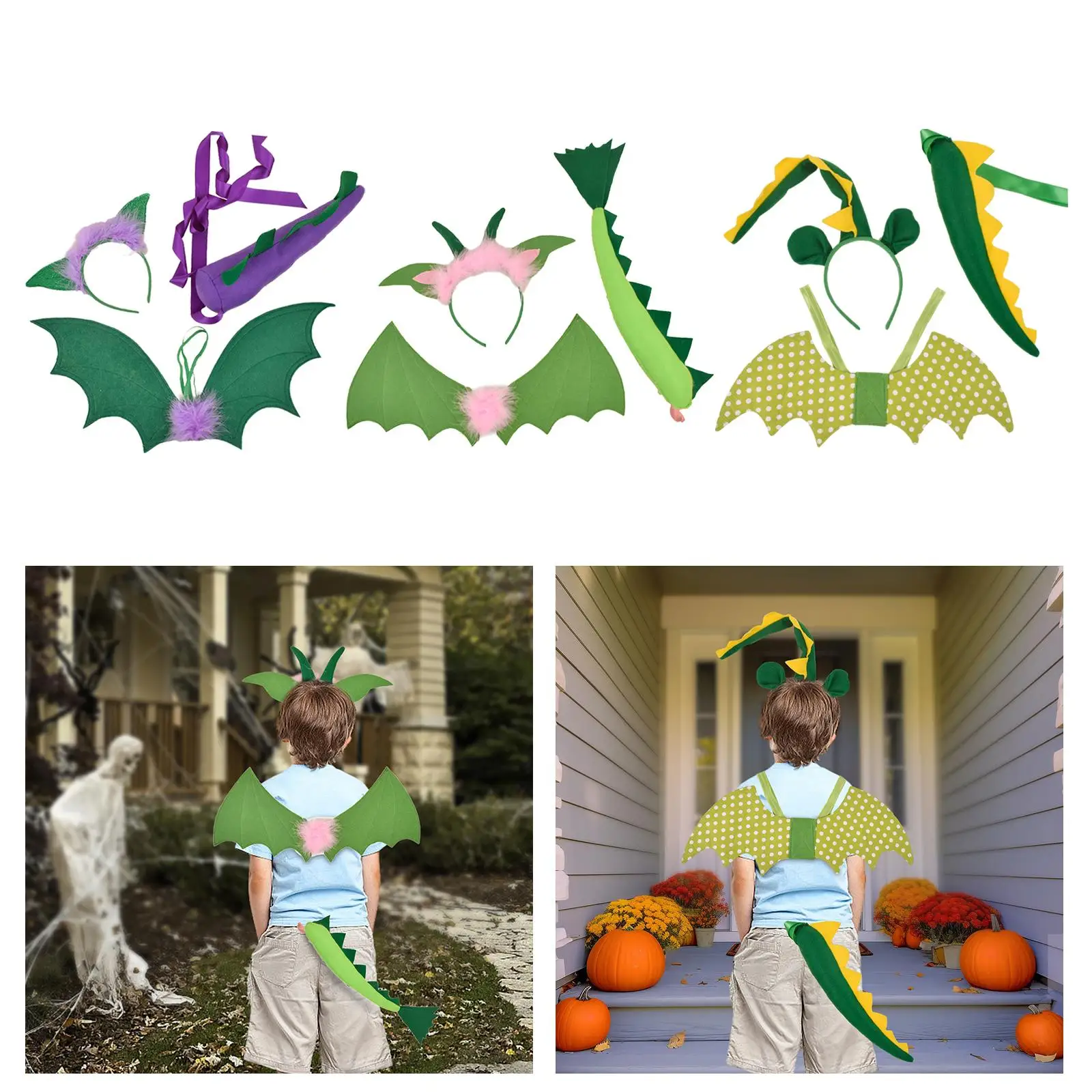3x Kids Dragon Costume Photo Props Child Dragon Cosplay Dinosaur Wing Tail Set for Masquerade Holiday Role Play Easter Carnival