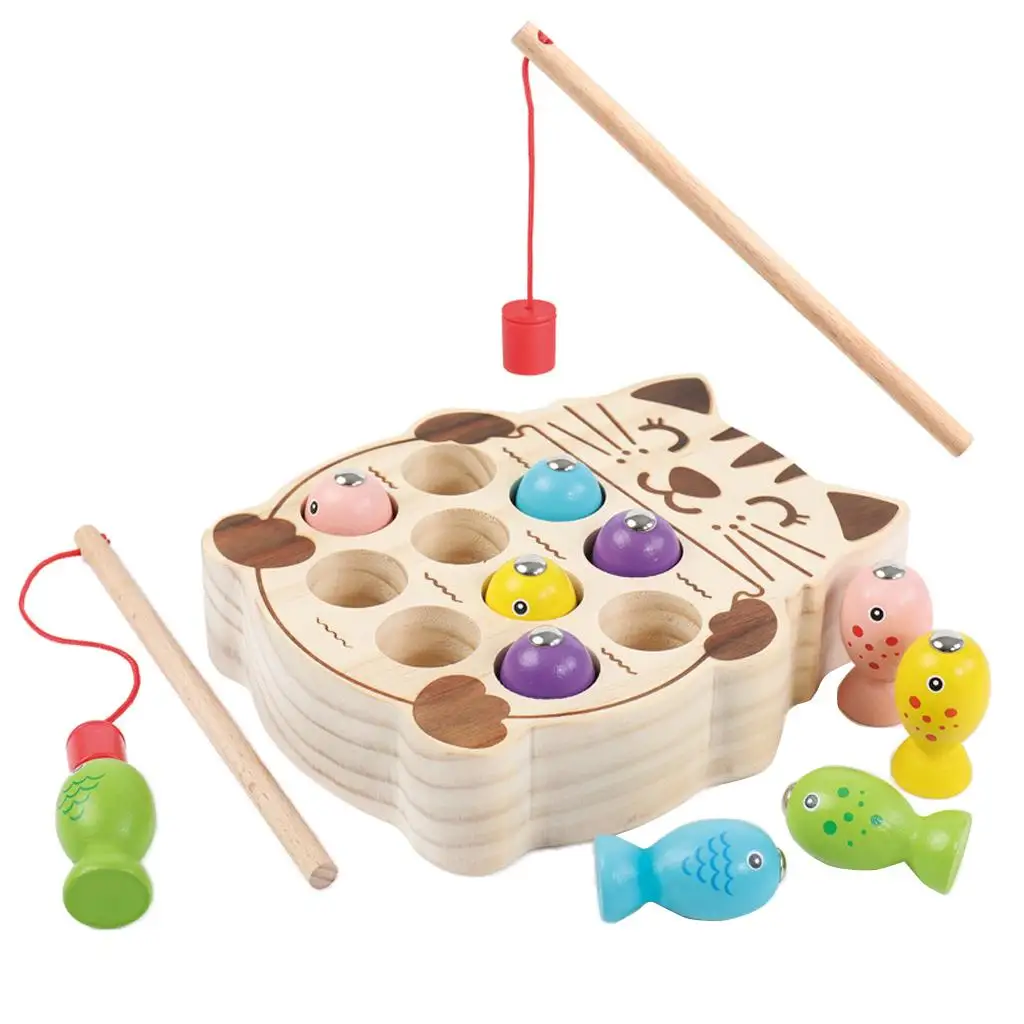 Magnetic Wooden Fishing Game Toy for Toddlers - Cat Fish Catching Counting