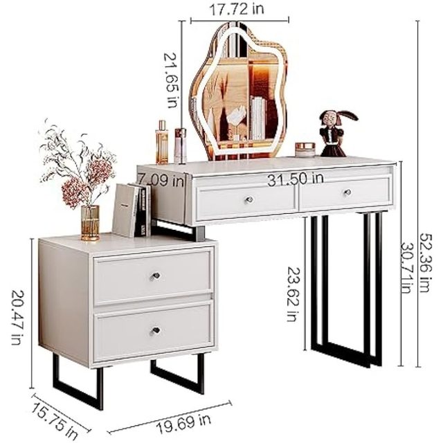 Cozy Castle Black Vanity Desk with Mirror and Lights, Small Vanity Table  for Bedroom, Makeup Desk with Storage Cabinet 