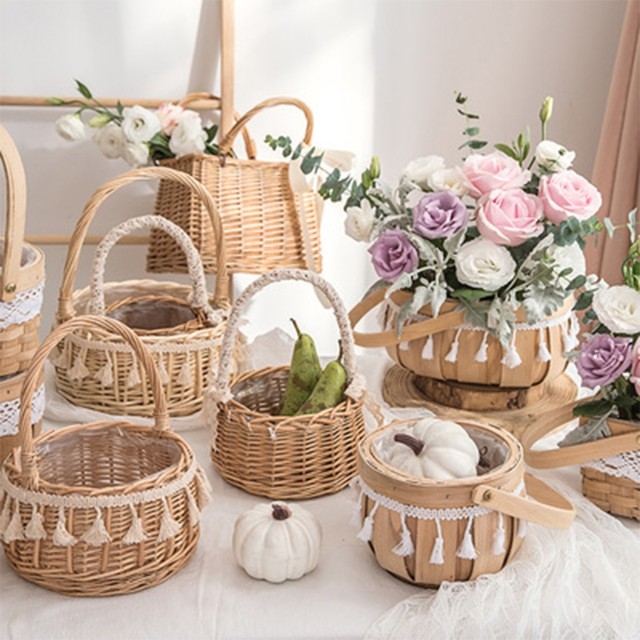 Handmade Natural Rattan Woven Flower Hand Basket Home Kitchen