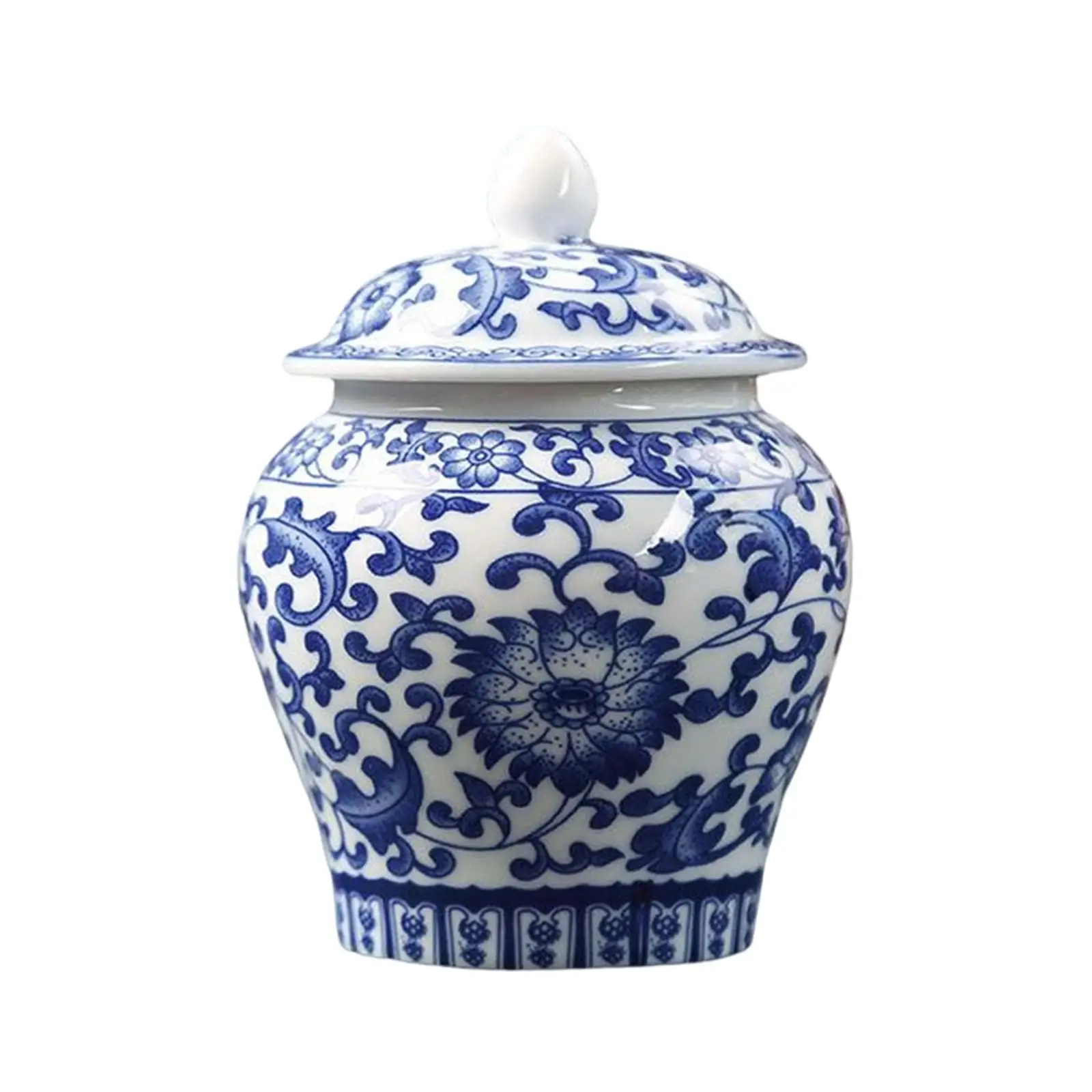 Blue and White Ceramic Glazed Ginger Jar Tea Storage Jar with Lid Living Room Decor