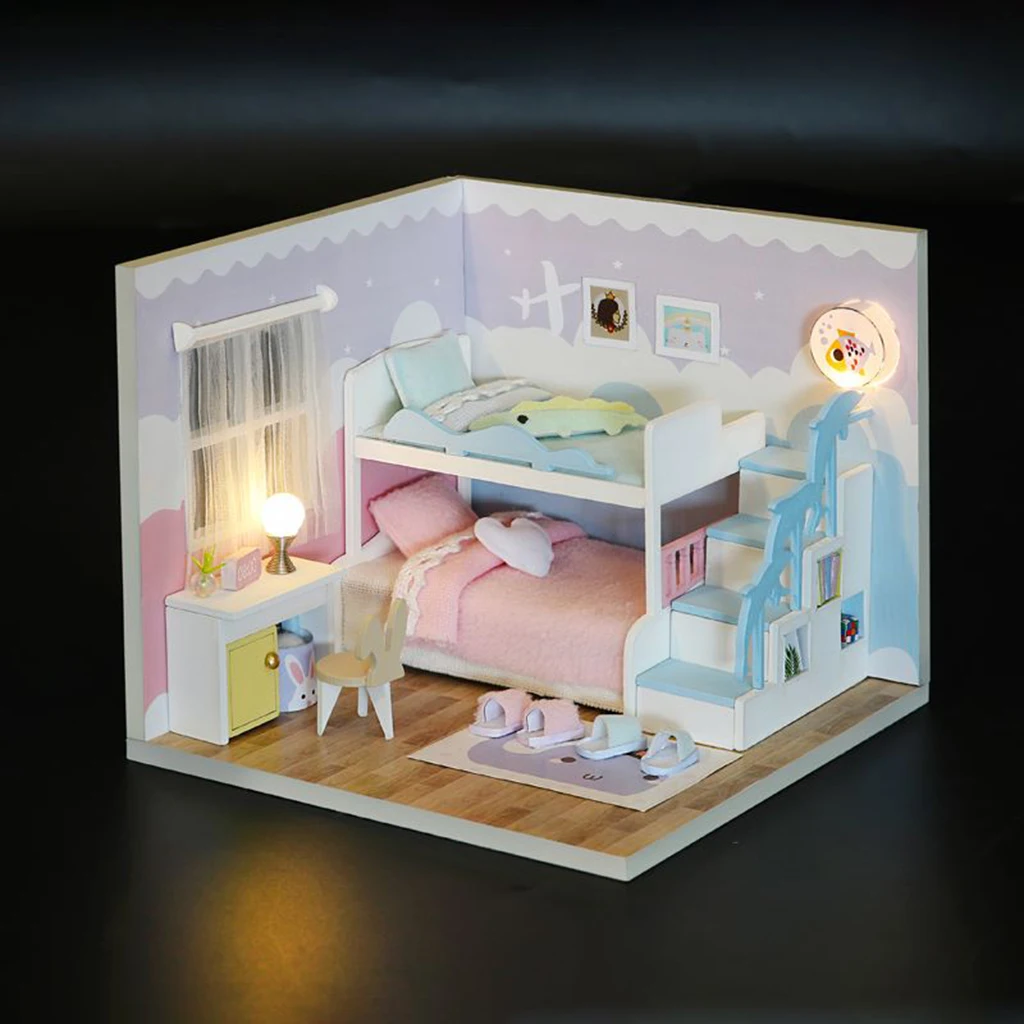 Mini DIY Wooden Dollhouse Miniature with LED Light Dollhouse Model for Kid`s