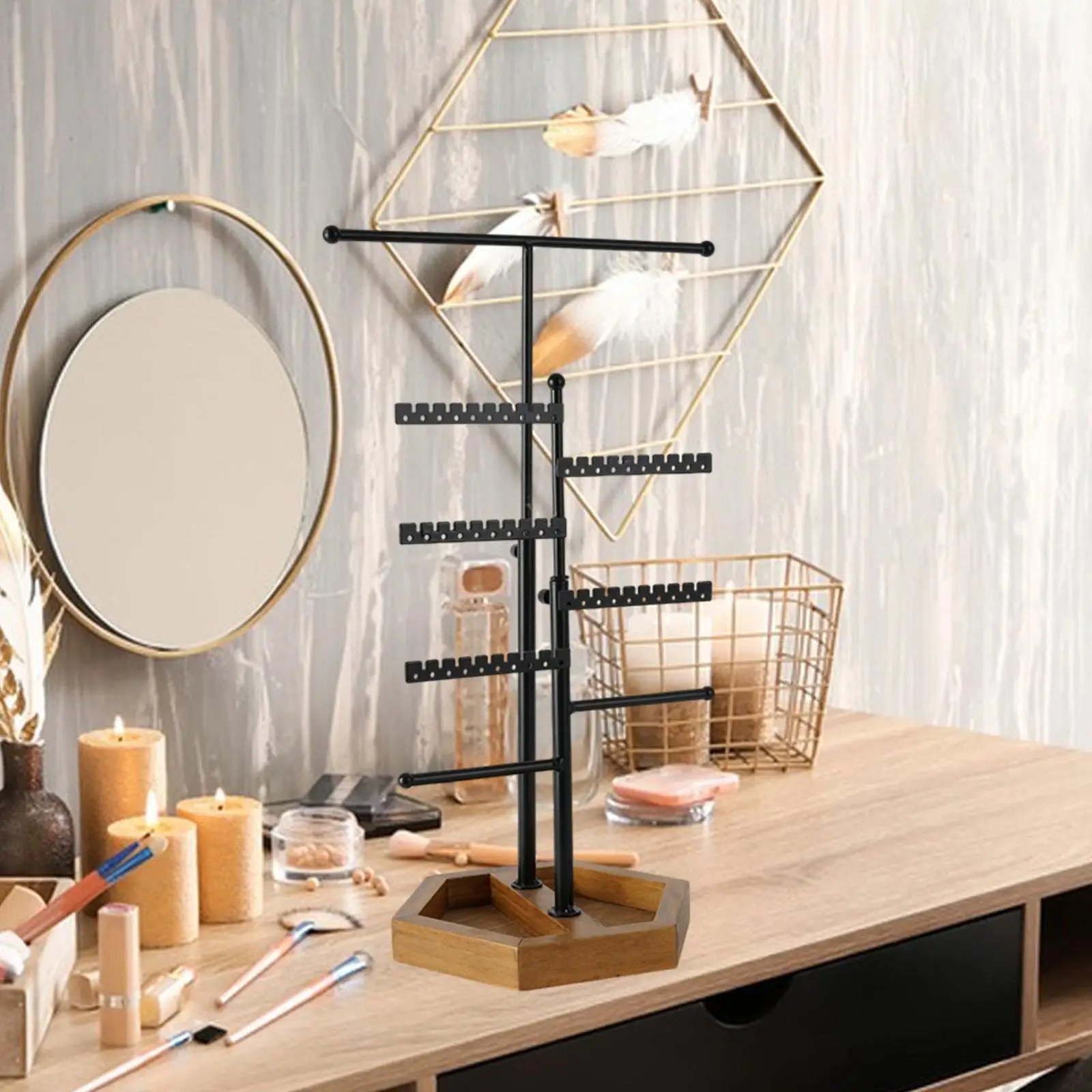 Jewelry Organizer Jewellery Stand with Wooden Tray and Hook Decoration Bedroom Multi Layer Showroom Jewelry Display Stand