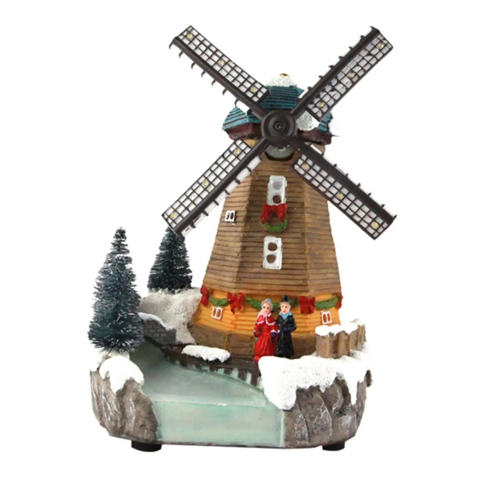 LED Lighted Christmas Village Windmill Crafts Resin Musical Box Building Sculpture for Office Living Room Desk Bedroom Fireplace