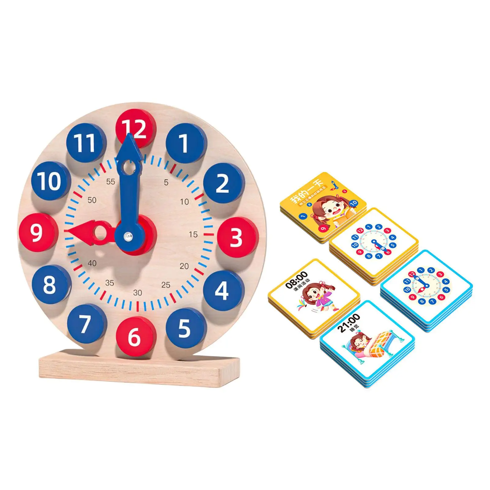 Wooden Toy Clock Learn to Tell Time Multifunctional Teaching Time 18 Reversible Time Cards for Gift Boy Girl Children