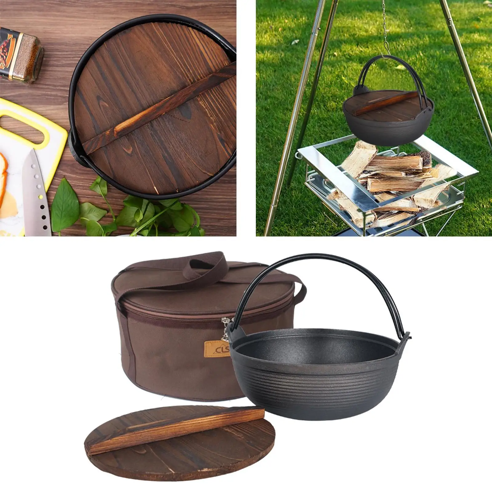 Cast Iron Stew Pot with Wood Cover Soup Pot Japanese Sukiyaki Stew Pot Uncoated Outdoor Field Hanging Pot 3-5 People Use