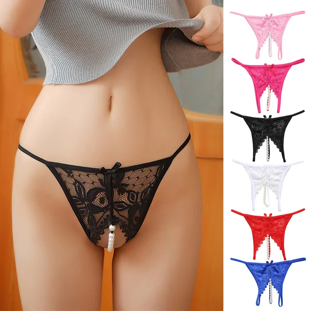 Sexy Lace Crotchless Panties Women'S Pure Color Underwear With Transparent  Beads Pendant Pearl Panties Ropa Interior Sexi Mujer - AliExpress