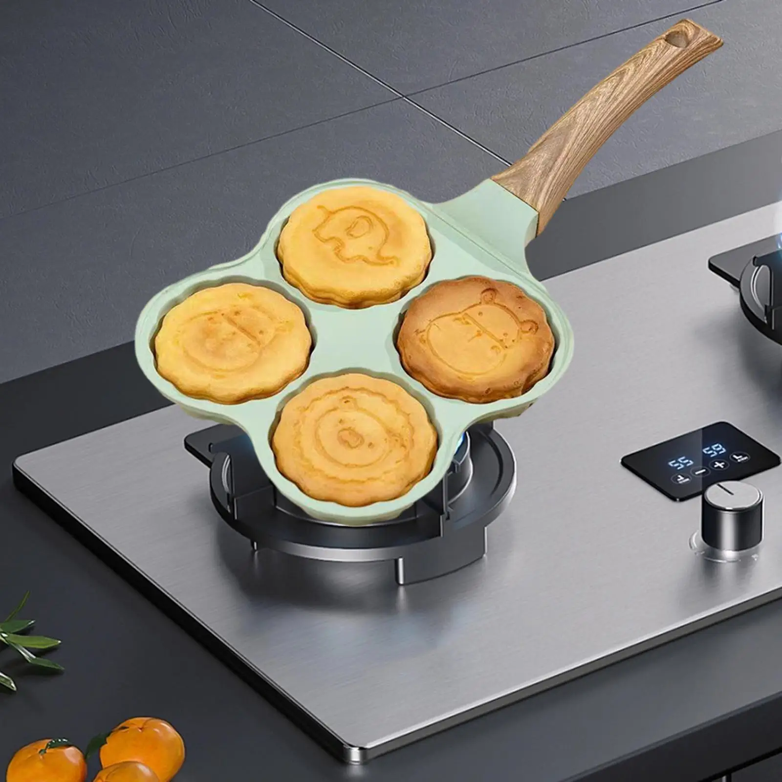 Fried Egg Pan Multifunctional Egg Skillet 4 Cup with Anti Scald Wood Handle Pancake Pan for Home Sausage Burger Outdoor