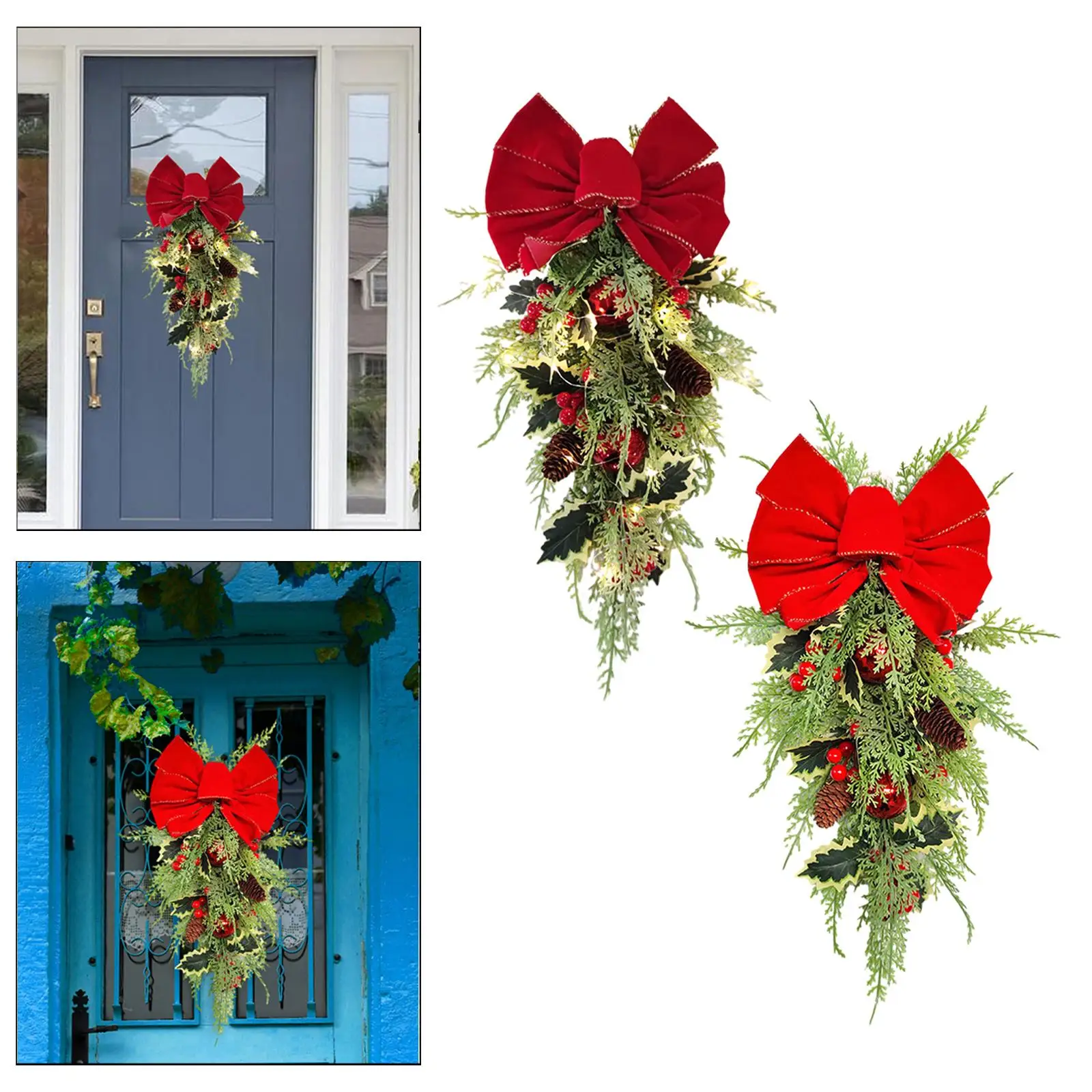 Christmas Wreath Indoor Outdoor Red Berries Housewarming Green Leaves Xmas Wreath for Living Room Wall Fireplace Hotel Bedroom