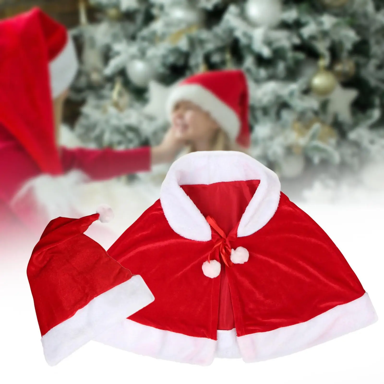 Christmas Shawl Cloak Cape with Hat Xmas Shawl with Plush Balls Lace up Santa Claus Cape Robe Red Cape for Role Play Props