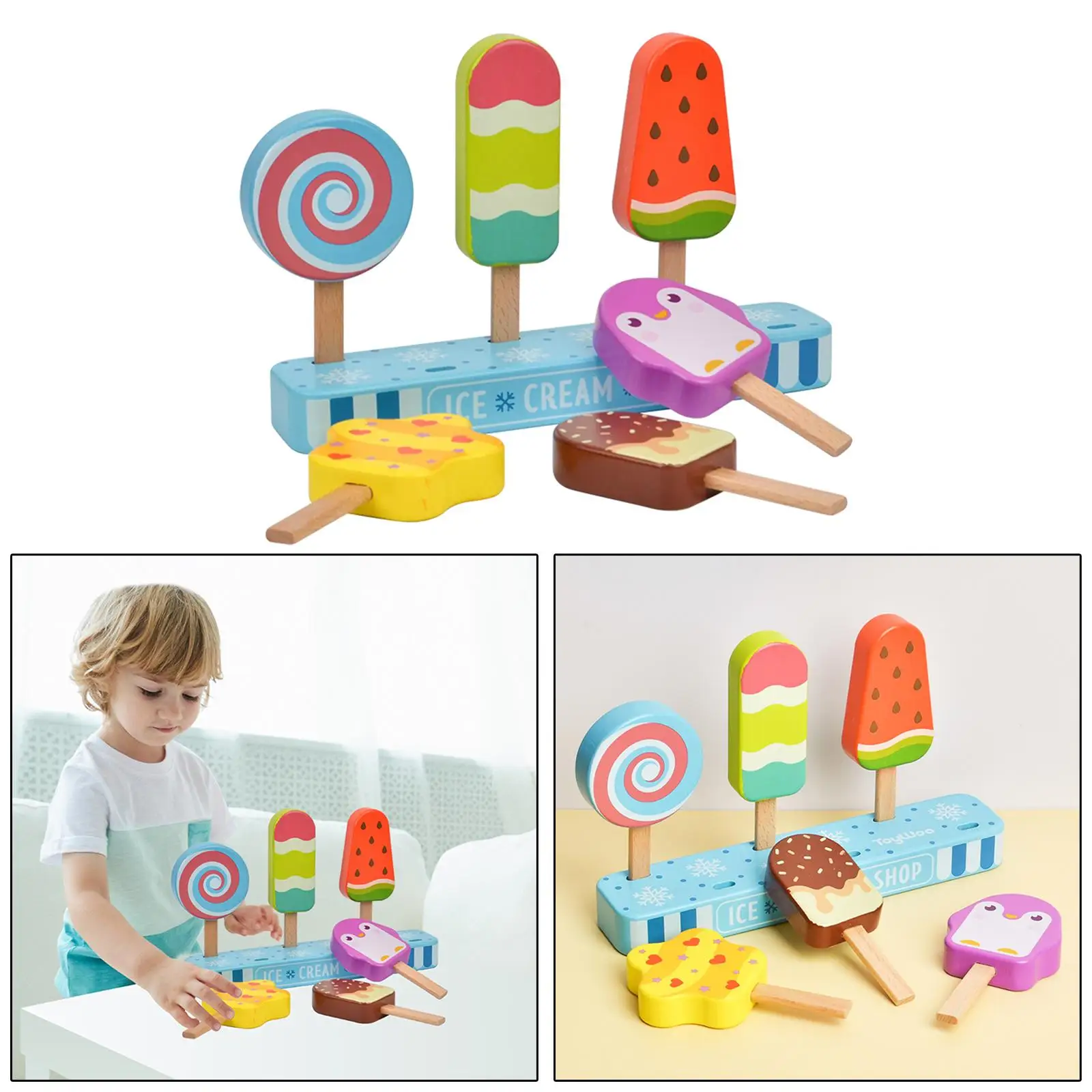 6Pcs Wooden Ice Cream Playset Pretend Play Food Set Educational Classic Toys for Boys and Girls Toddler Games Birthday Gifts