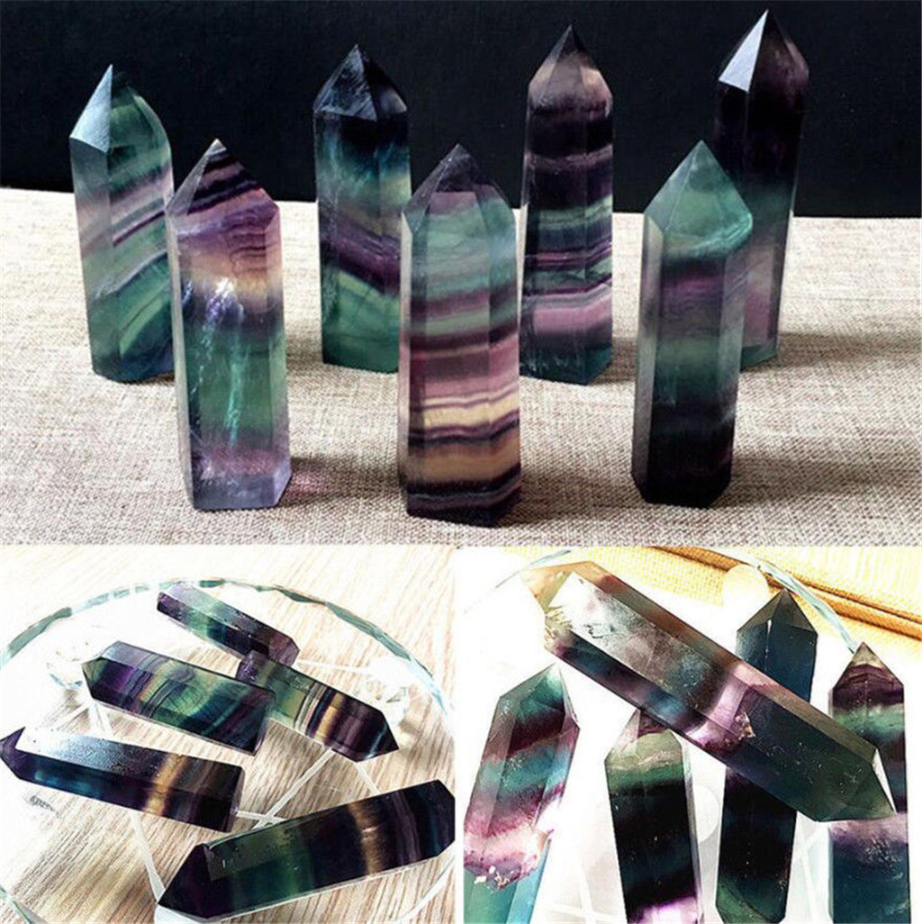 Natural Fluorite Crystal Colorful Striped Fluorite 4-7CM Quartz Crystal Stone Point Healing Hexagonal Wand Treatment Stone 11