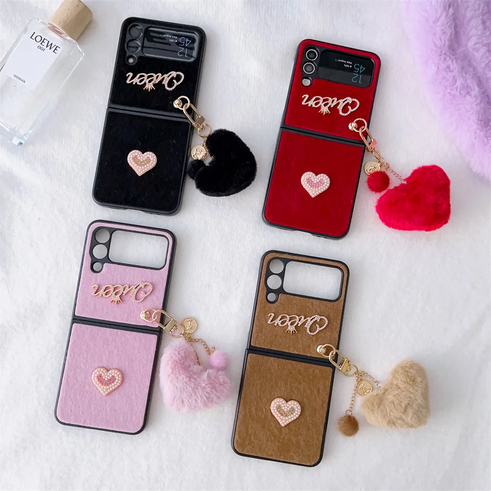 Pearl Love Plush Pendant Phone Case for Samsung Galaxy Z Flip 7 FE 5g ZFlip 6 Z Flip 7 6 5 4 3 Love Heart Plush Shockproof Cover