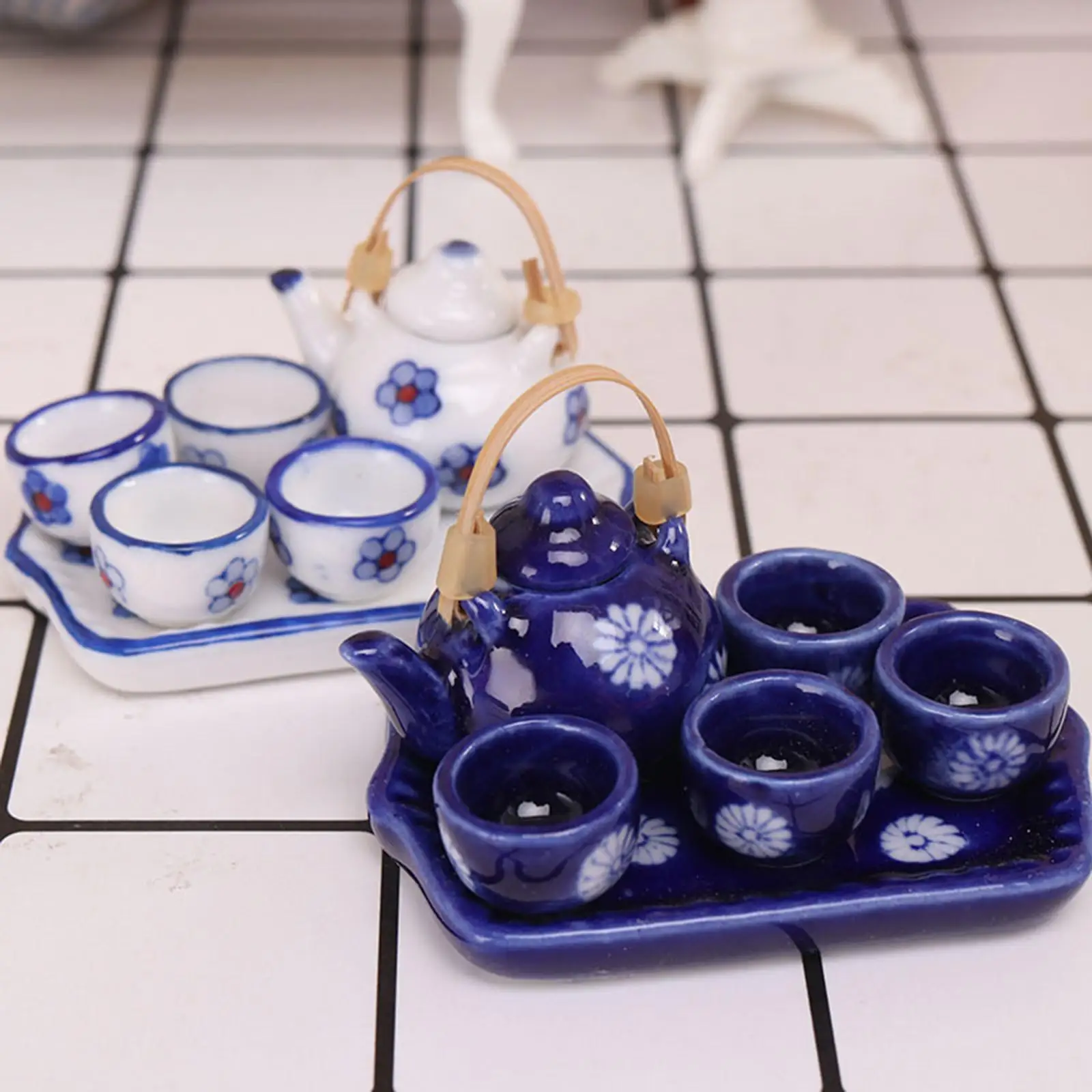 1:12 Dollhouse Miniature Tea Set Ceramic Teapot Model for Desktop Dining Table Room Decor
