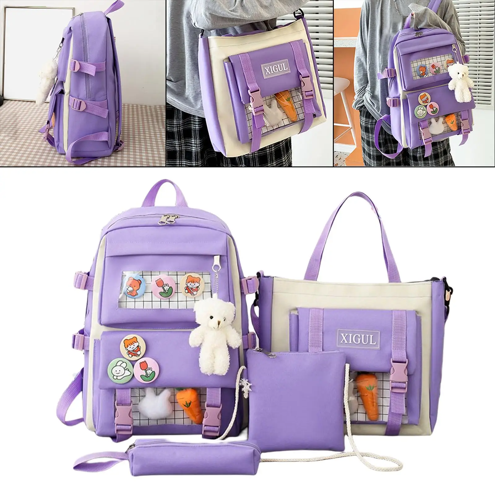 4 Pcs Sets Canvas Schoolbags for Teenage Girls Women Backpack Canvas Kids Primary  College Student Backpacks