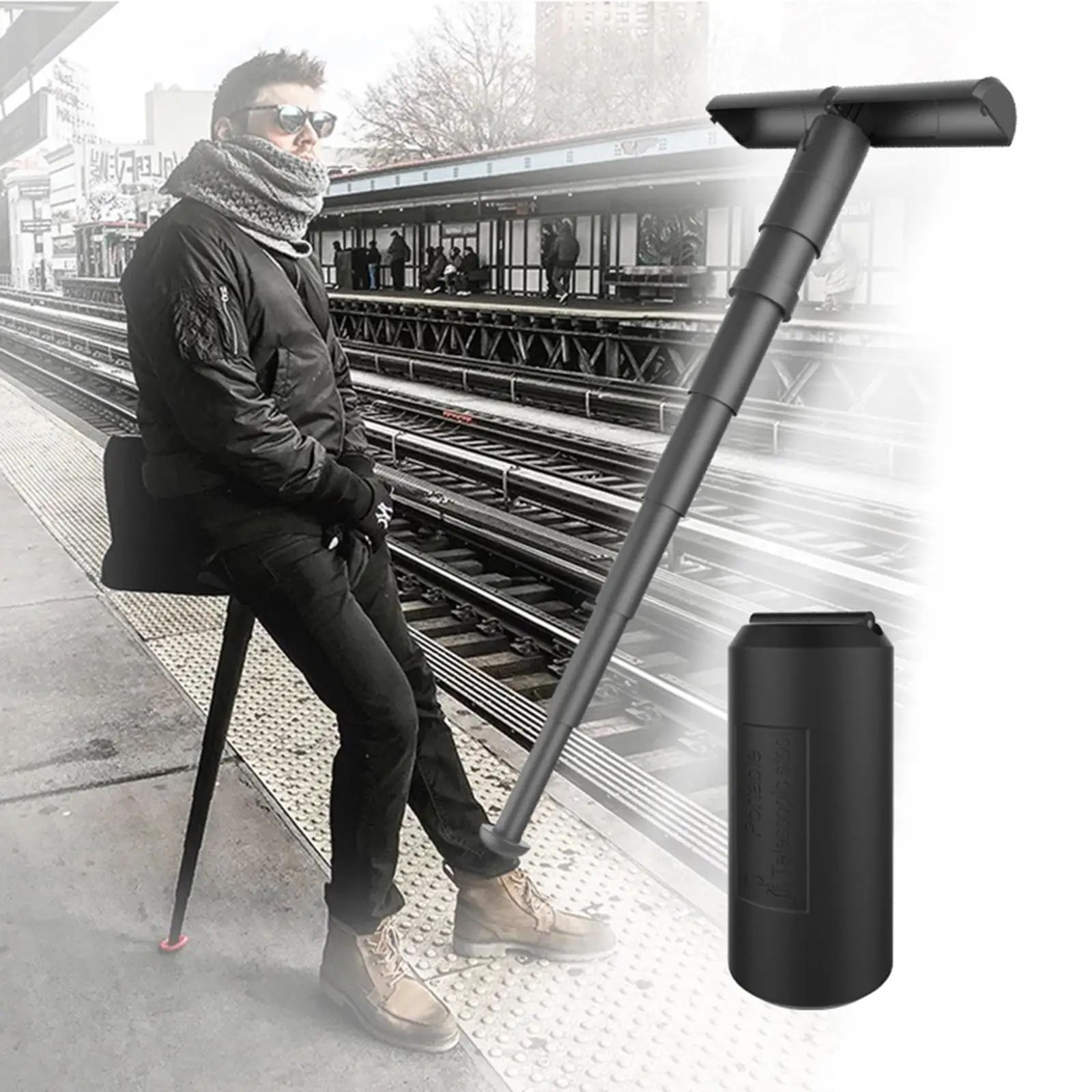Portable Folding Seat Walking Stick Cane Adjustable Height Teliscopic Stool ABS 70CM Load Capacity 220lb