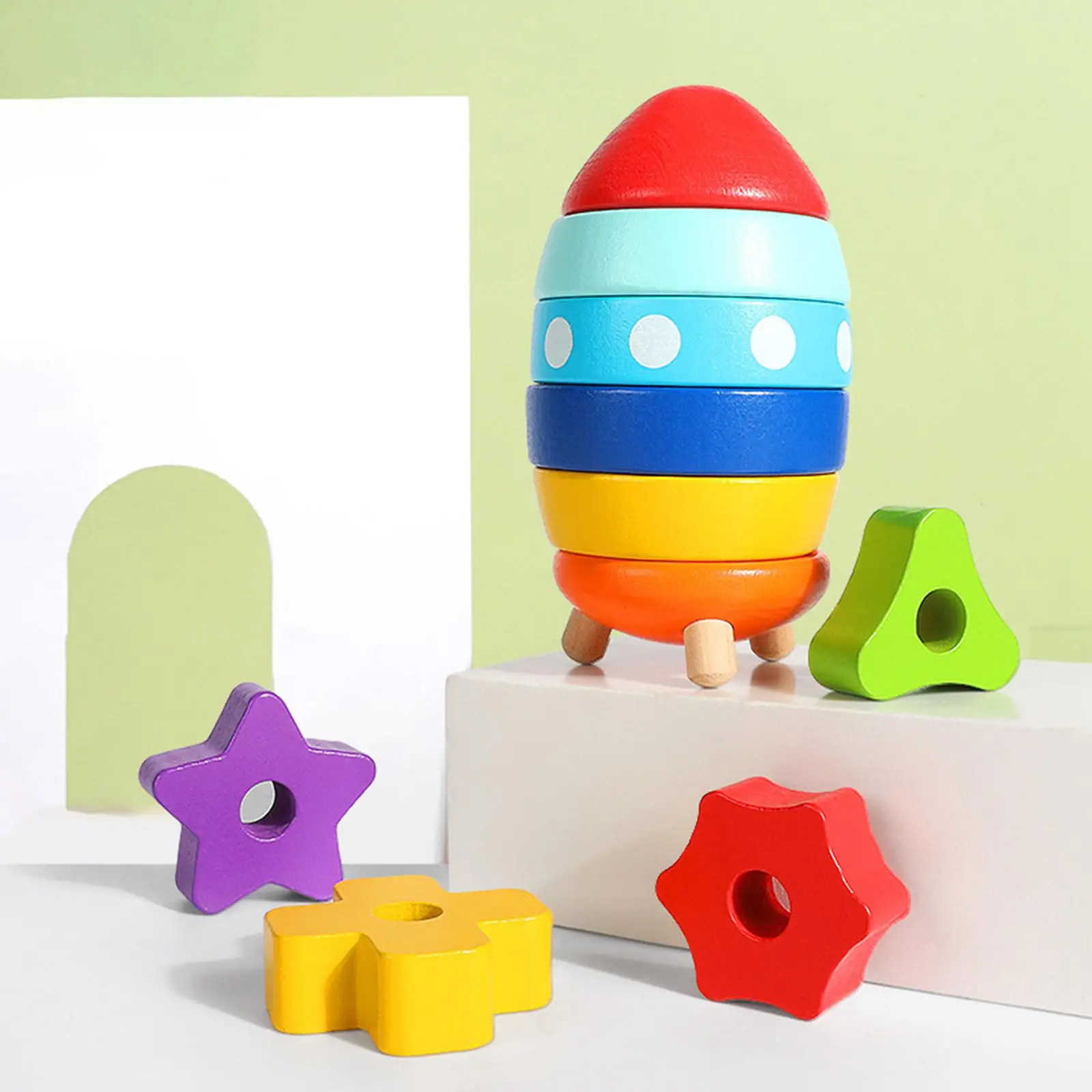 Wooden Colorful Rocket Shaped Stacking Toys Six Plug-in Parts Color Sorting