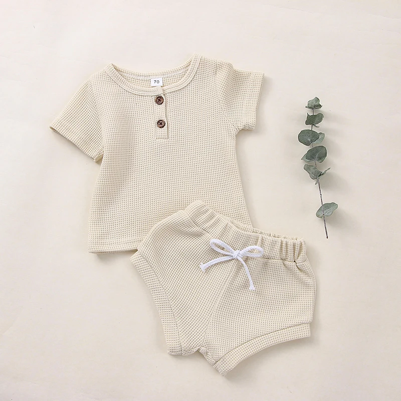 Cotton Casual Summer Newborn Baby Boys Girls Outfits Suit Ribbed Knitted Short Sleeve T-shirts Tops+Shorts 2Pcs Kids Tracksuits Baby Clothing Set discount