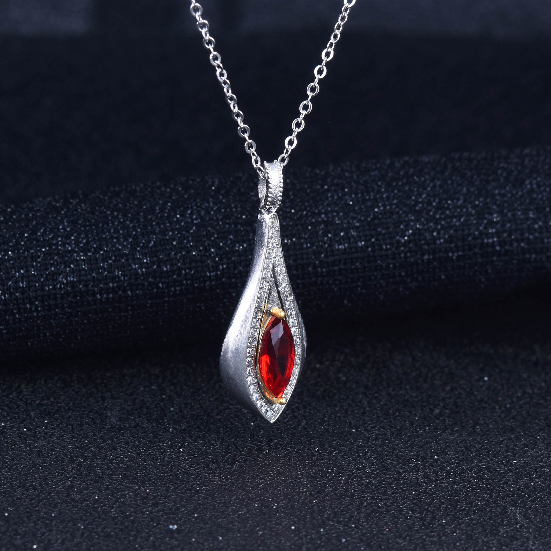 New Italian Wire Drawing Process Pigeon Blood Ruby Pendant Marquise Genuine 925 Sterling Silver Ruby Gemstone Pendant Necklace