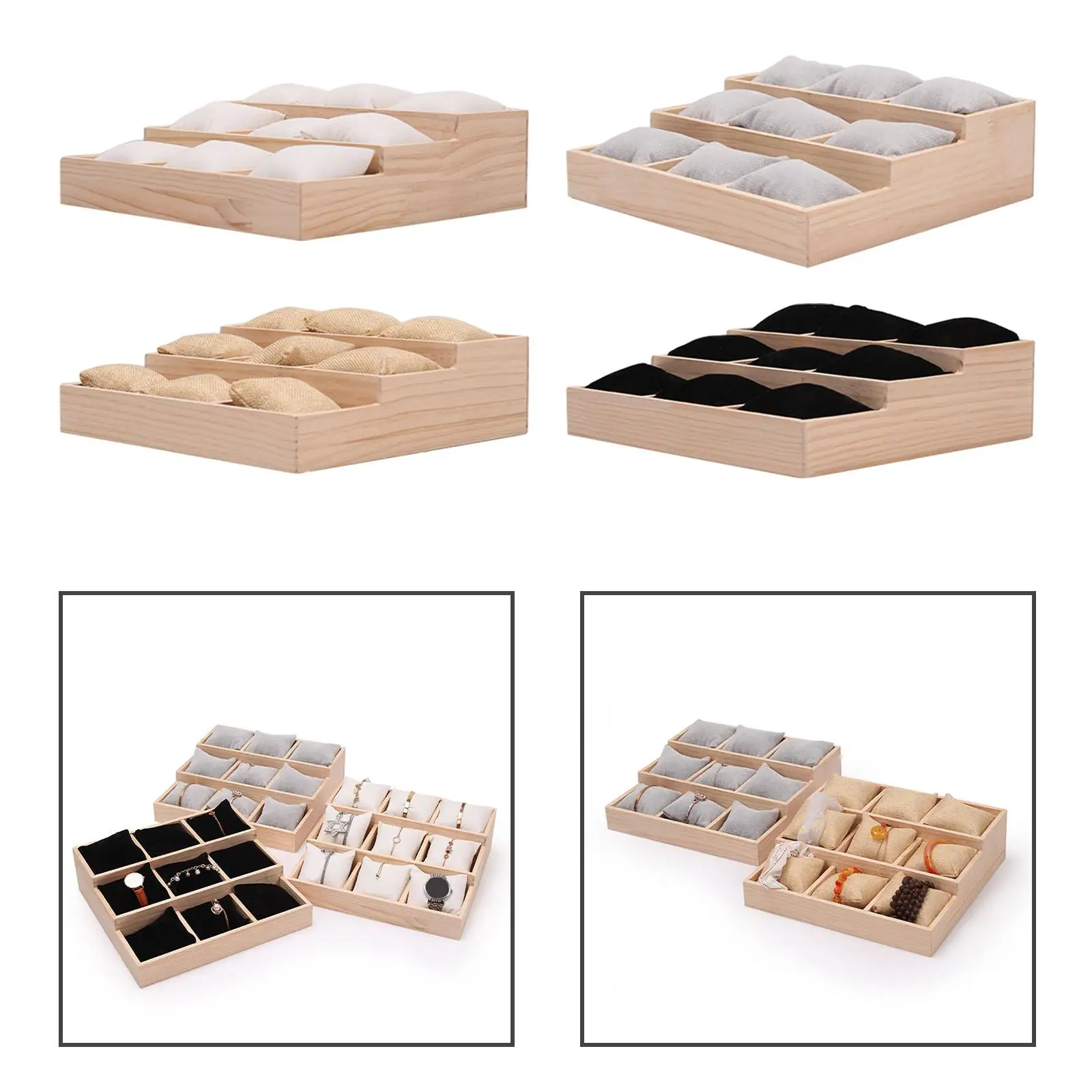 Watch Display Tray Jewelry Bracelet Storage Case Wooden 9 Grids Watch Pillows Tray for Bracelets Countertop Drawer Watches Gifts