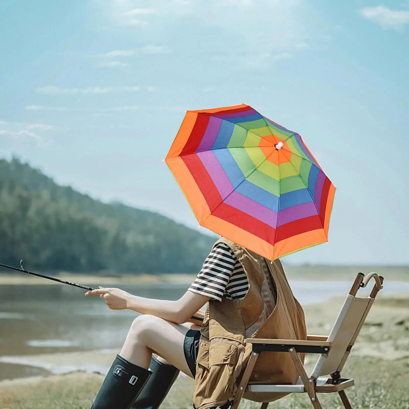 Rainbow Umbrella Hat 21.7inch Folding Rain Caps Sun Protection Fishing Umbrella Hats for Golf Hiking Outdoor Gardening