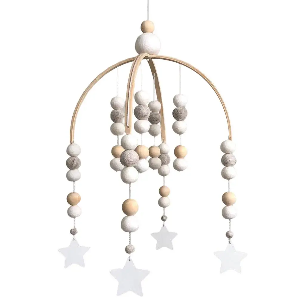 Mobile Wind Chime Wooden with Wool Balls Nordic Style Minimalist Wind