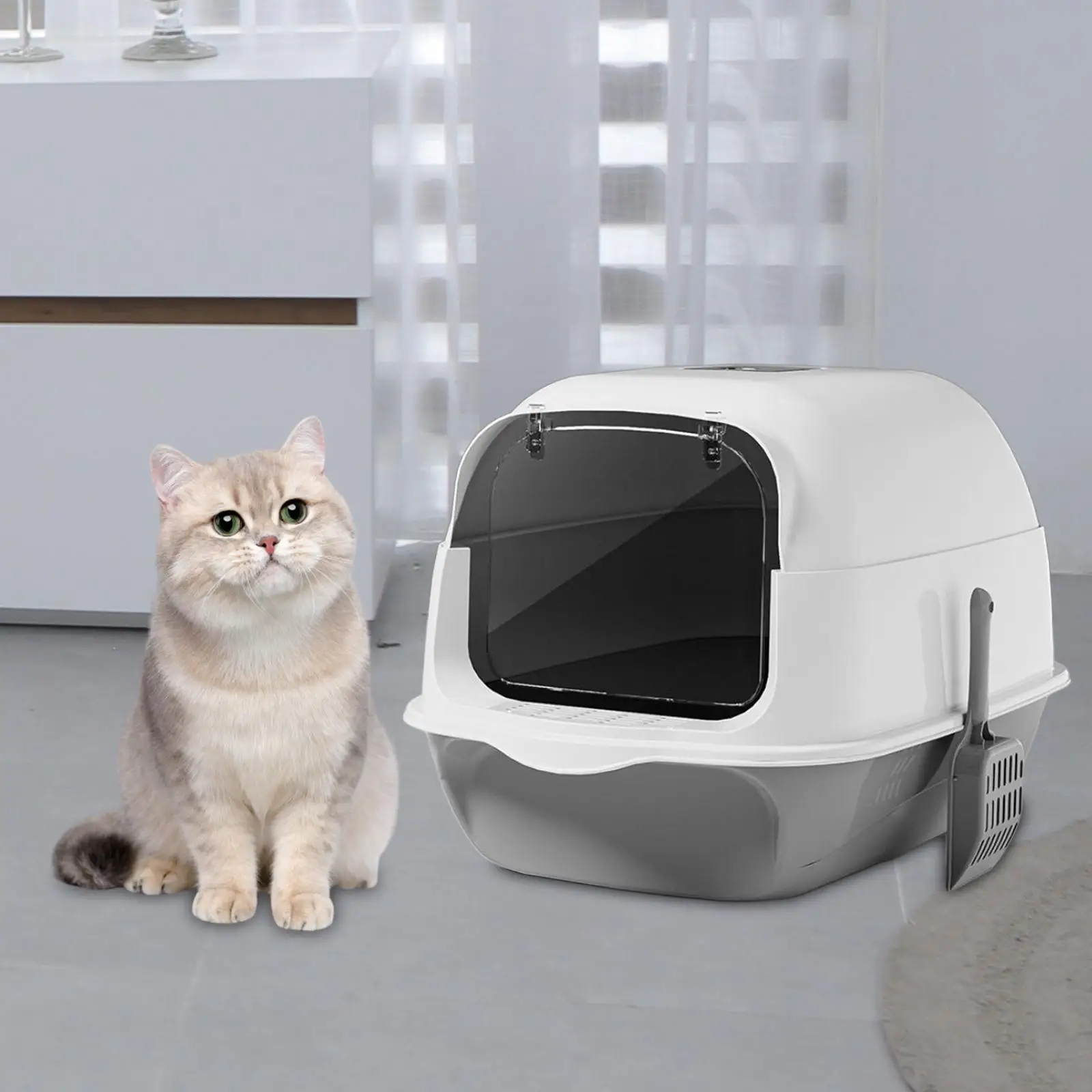 Hooded Cat Litter Box with Lid Enclosed and Covered Cat Toilet Anti Splashing with Shovel Large for Indoor Cats Cat Litter Tray