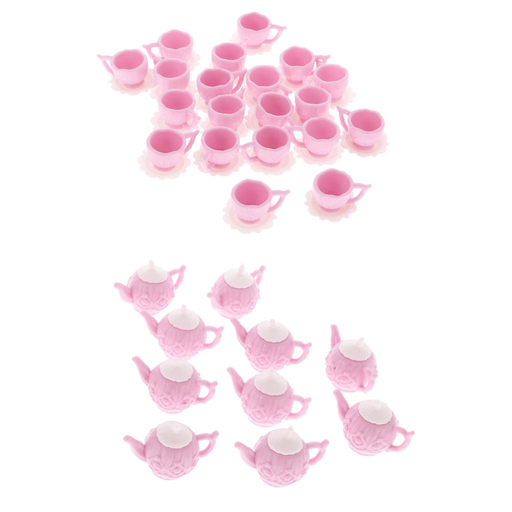 10 sets dollhouse miniature plastic pink tea pot with 2 cups dishes