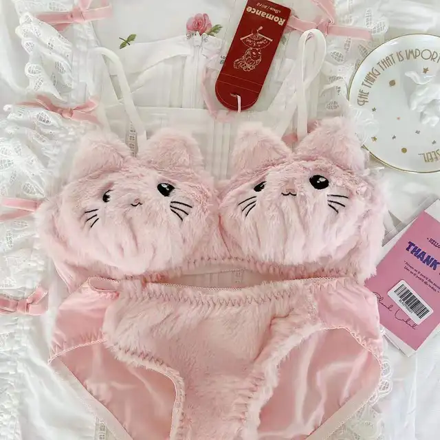 Japanese Girls Kawaii Kitty Furry Plush Bra Set Cat Underwear Lingerie UK  Feng8