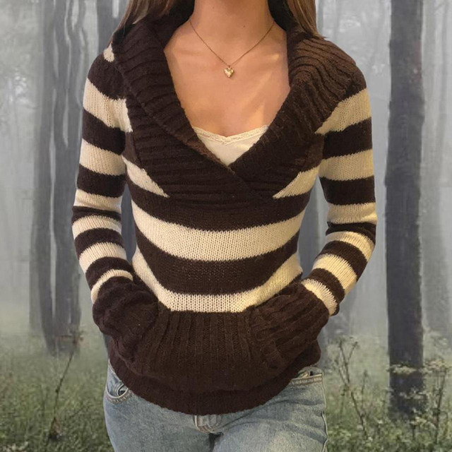 Y2K Brown White Striped Knitted Sweater Preppy Fairy Grunge 00s