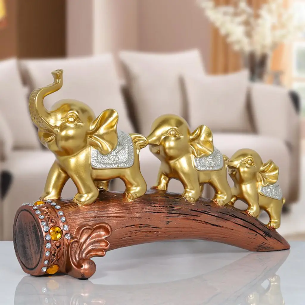 Three Elephant Sculpture Animal Statue Figurines Golden Resin for Bedroom