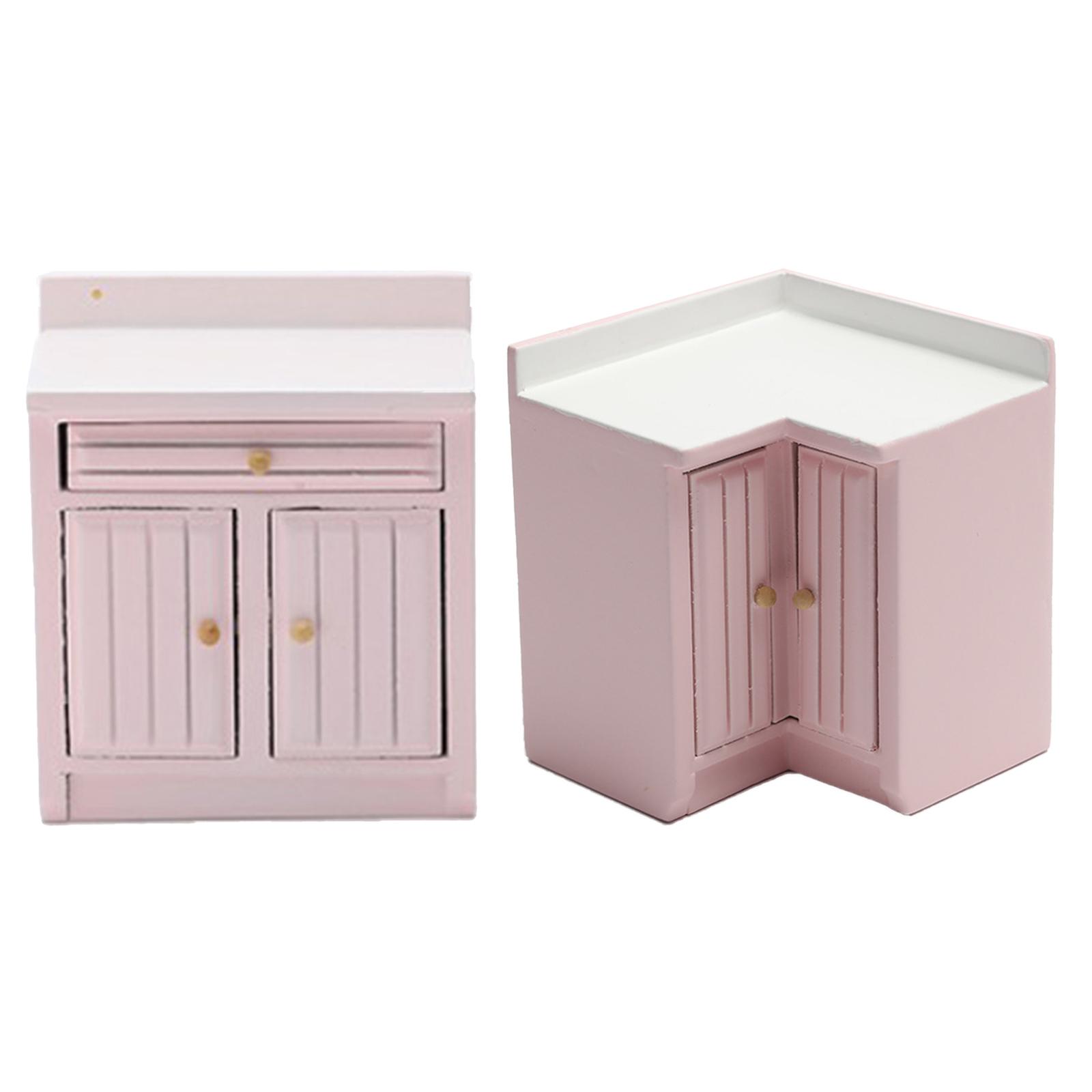 Dollhouse Small Kitchen Cupboard Furniture Pink Doll House Cabinet Kids Play Toys Dining Room Decoration Ornament Accessories