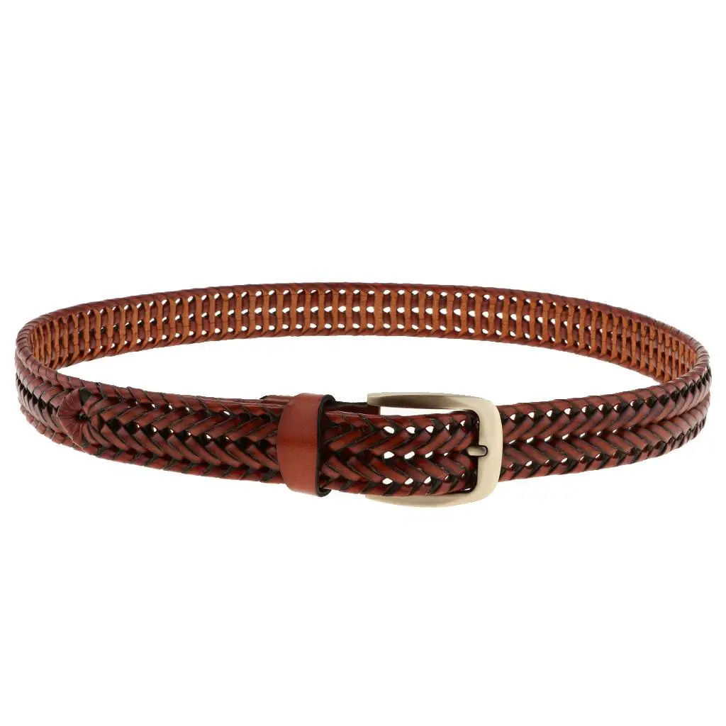 Retro Men Women`s Elastic Fabric Woven Braided Stretch Leather Belt with Metal Buckle