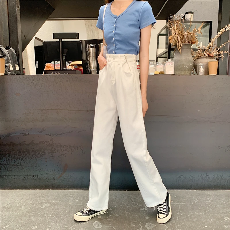 baggy jeans DD1473  New high-waisted thin and thin adjustable Hong Kong-style retro drape wide-leg jeans womens clothing
