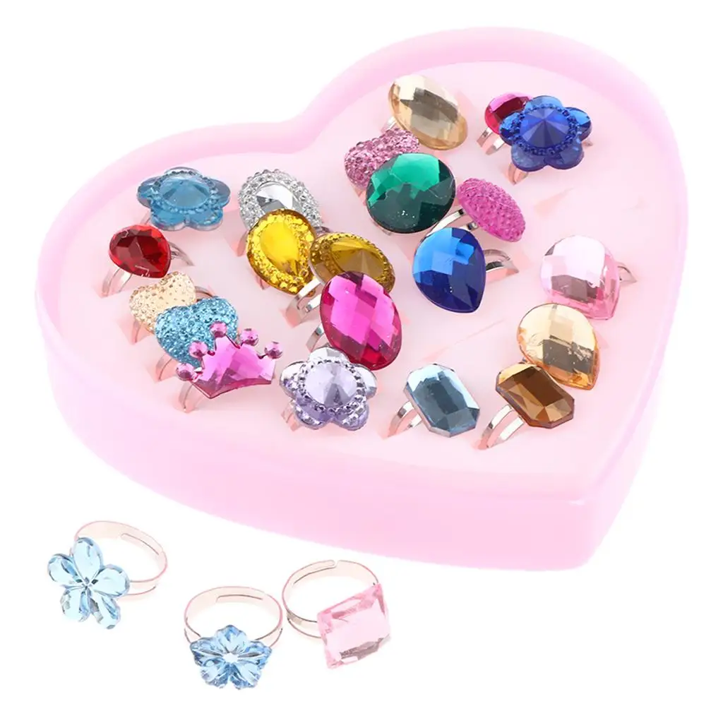 24pcs Colorful Assorted Rhinestone Rings with Heart Shape Display Case for