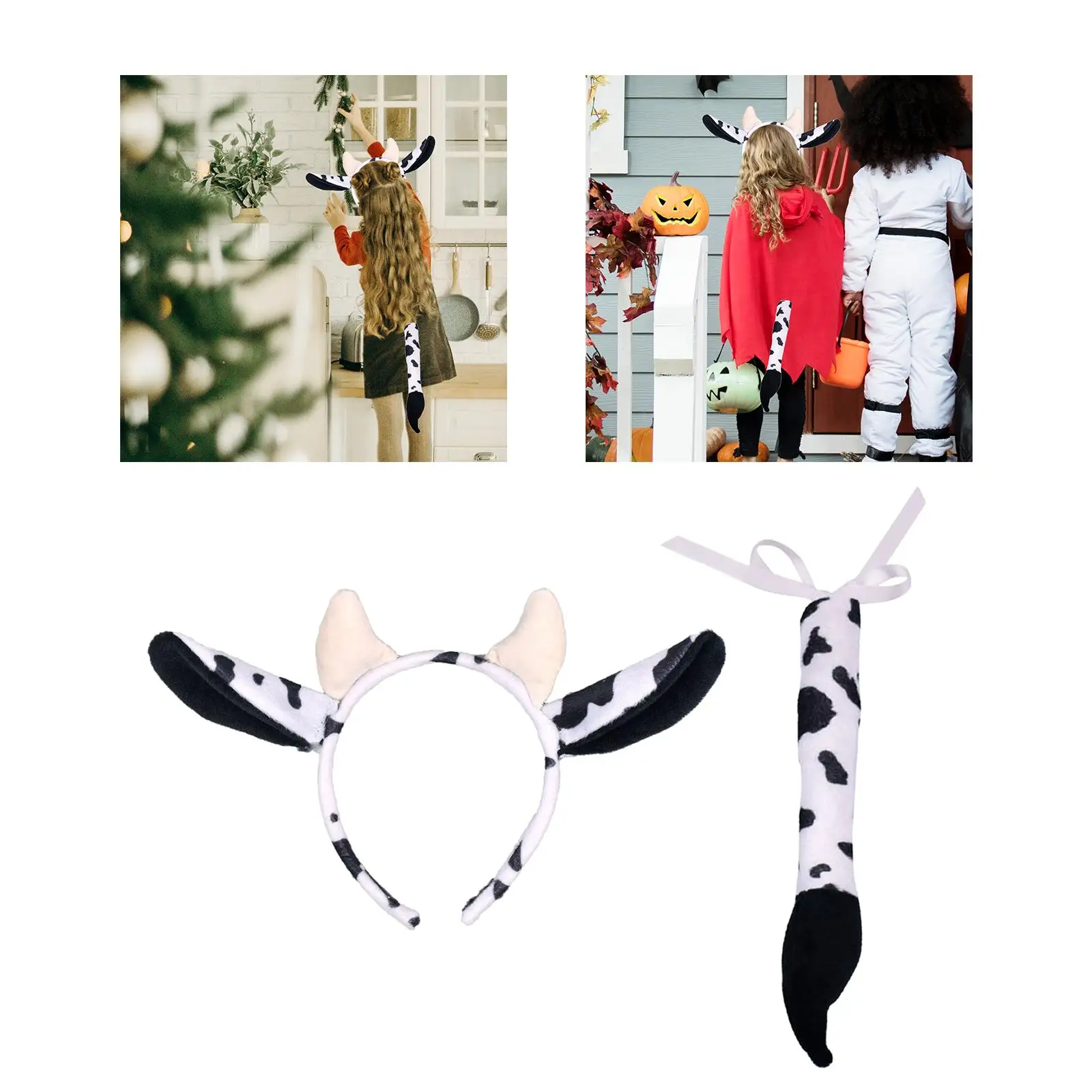 Cow Ears and Tail Set Long Tail Cosplay Gifts Fancy Dress Costume Ox Hair Hoop for Performance Party Christmas Dance Women Girls