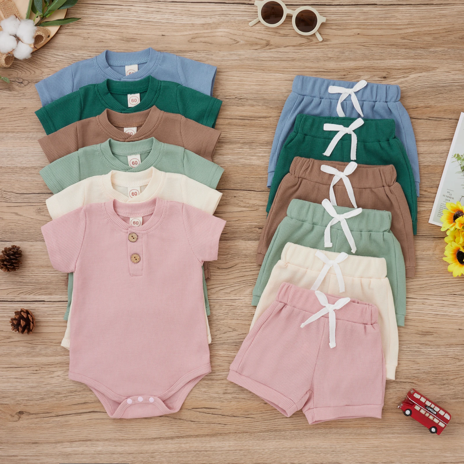 Baby Clothing Set best of sale Fashion 2022 Baby Boys Girls Two Piece Clothes Set Cotton Waffle Buttons Short Sleeve Romper+Tie Up Waist Elastic Shorts Suit baby's complete set of clothing