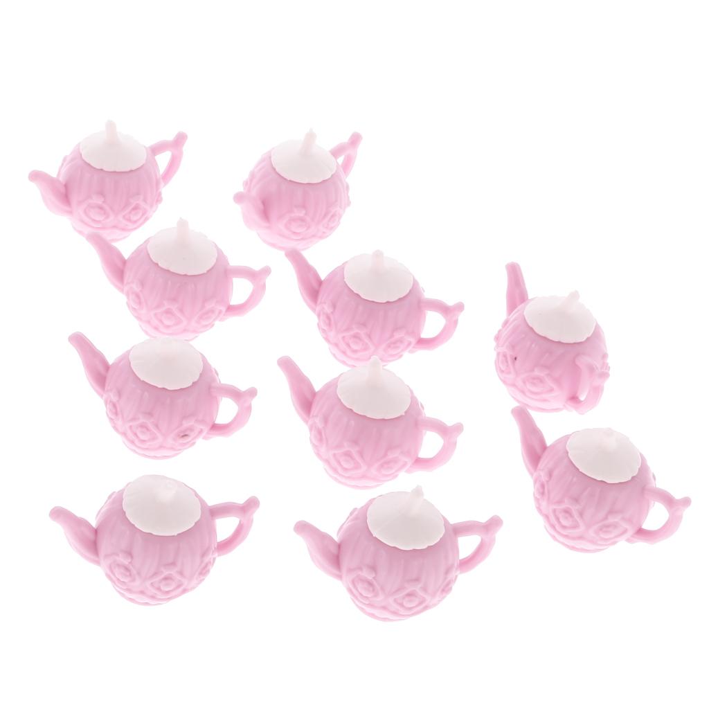 10 sets dollhouse miniature plastic pink tea pot with 2 cups dishes