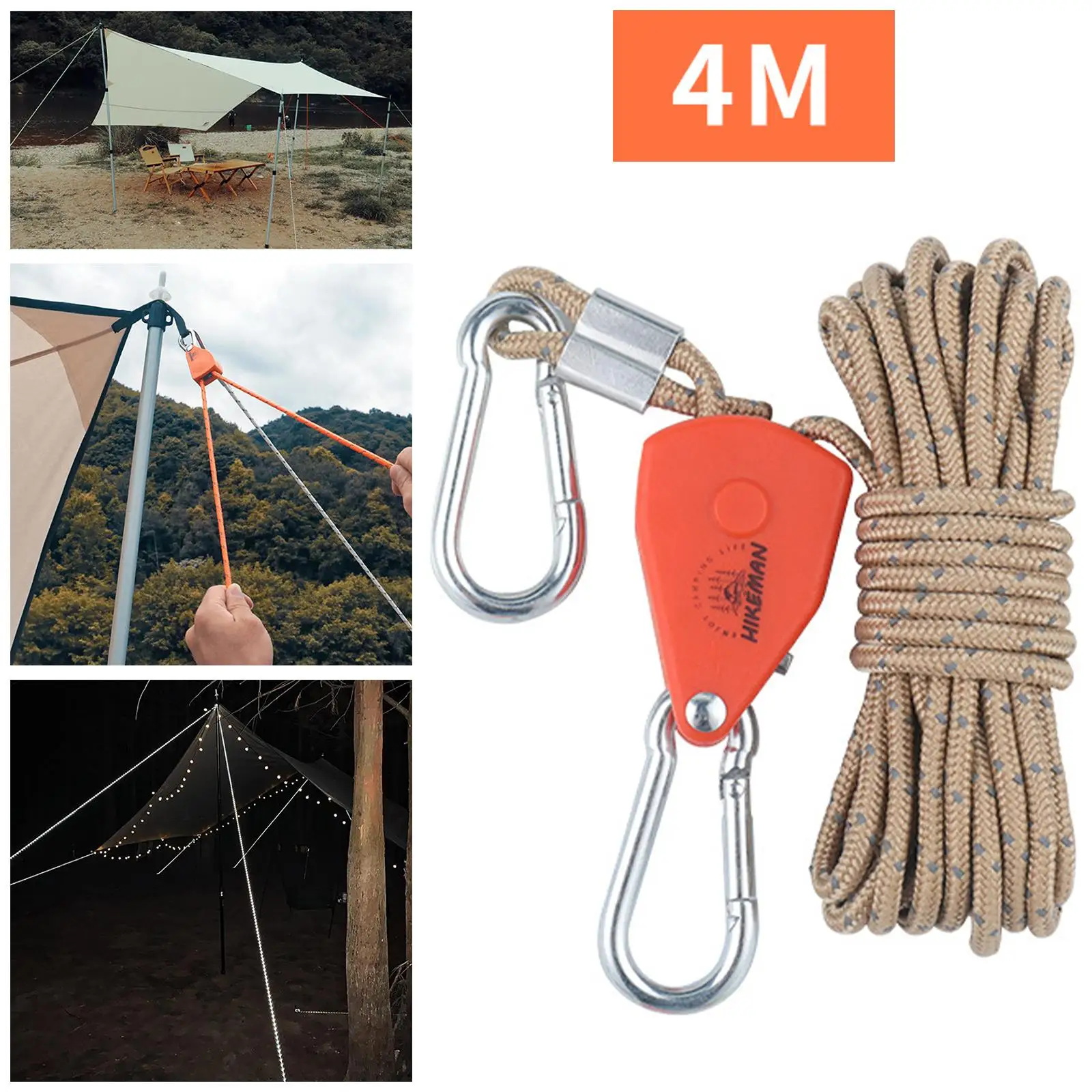 Pulley Ratchet Rope Hanger Tent Wind Rope with Carabiner for Camping Hiking