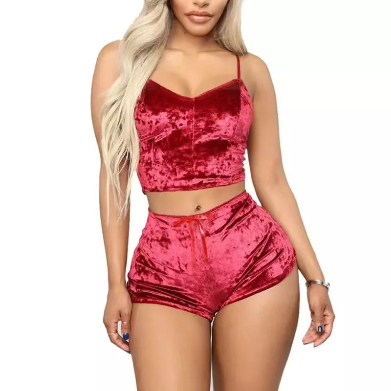 2022 Summer Sexy Sports Top Shorts 2 Two Piece Sets women Casual Solid Velvet V Neck Sportswear Female Pajamas Home Wear Suits two piece sets