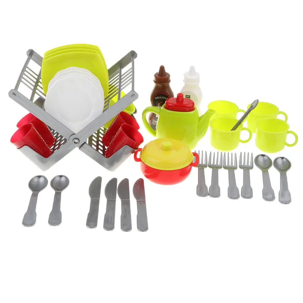 Simulated  Playset - Cups, Cutlery, Saucepan, Dish & Drainer, Set of 34