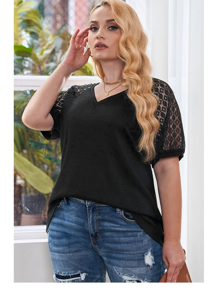 Plus Size Tops Woman 2023 Summer Lace Patchwork Short Sleeve V