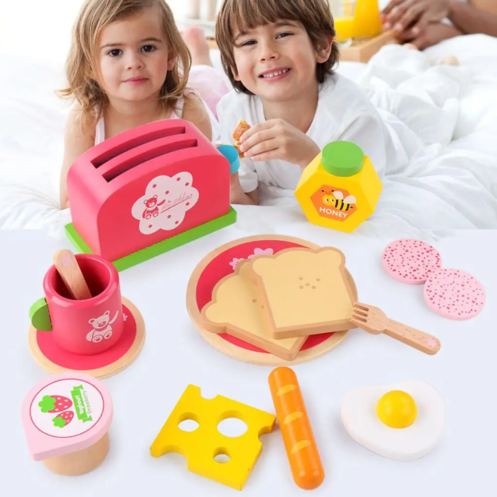 Role Play Wooden Food Toy Set Breakfast Cheese Plates Bread Yogurt Fried Egg