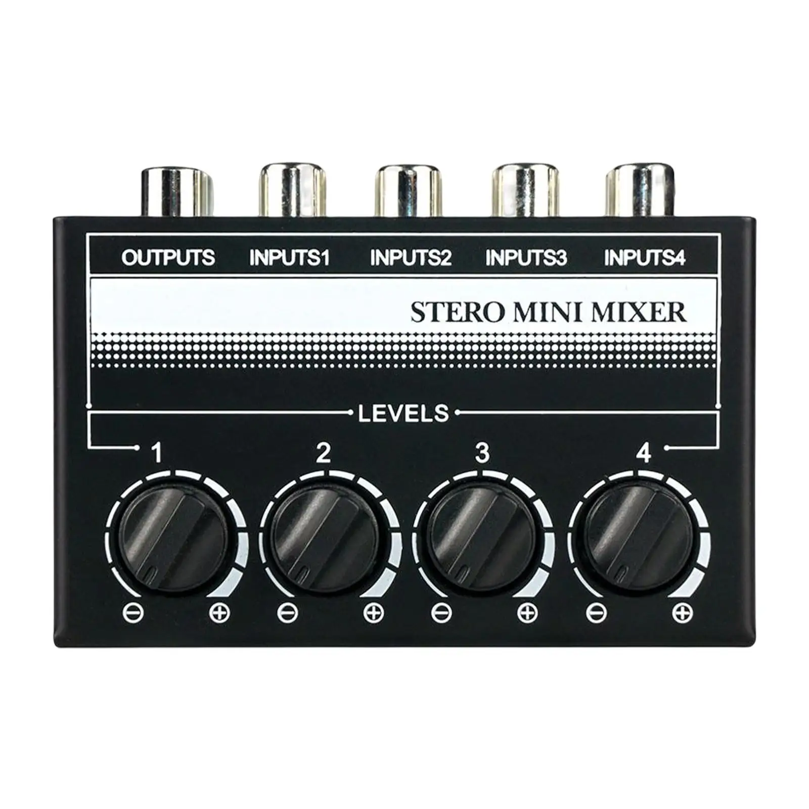 Stereo RCA 4 Channel Small Mixer Passive Mixer ,4 RCA Inputs and 1 RCA Output with Clockwise Volume Adjustment Metal Shell