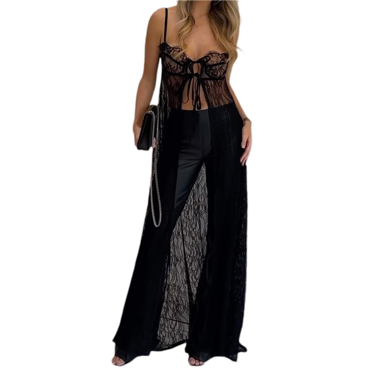 Women Beach Dresses Summer Solid Color See Through Spaghetti Strap Sleeveless Lace Long Dresses Bikini Cover Up