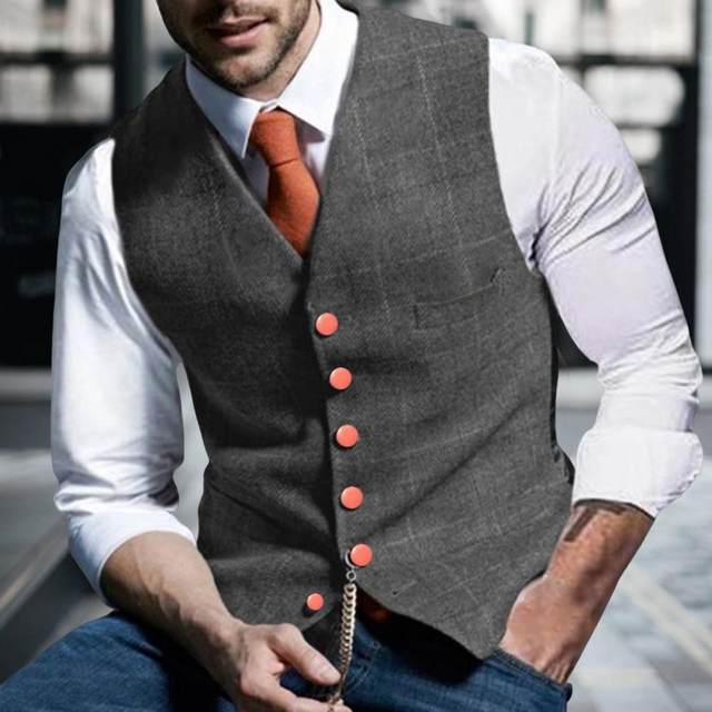 Chaleco Slim Fit De Hombre A Cuadros - Elegante Para Negocios Con Cuello En V Y Bolsillos